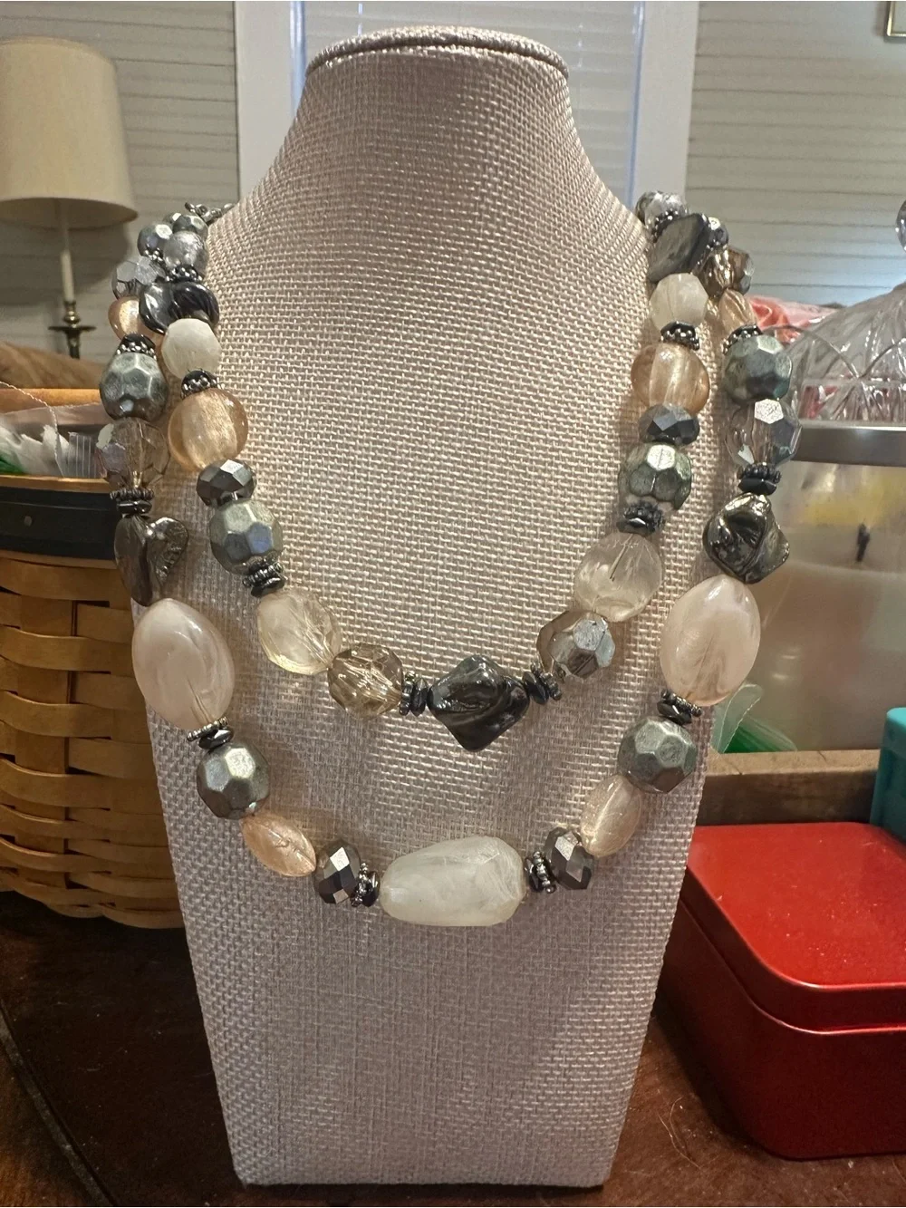 Ruby Rd Chunky Beaded Statement Necklace Silver Champagne Glass Bead Silver Tone